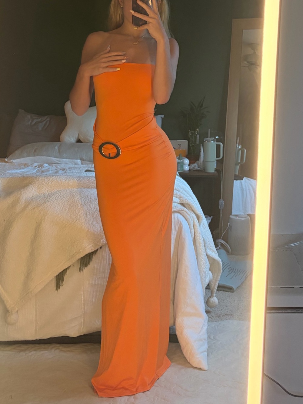 PrettyLittleThing Strapless Orange Maxi Dress with Decorative Ring